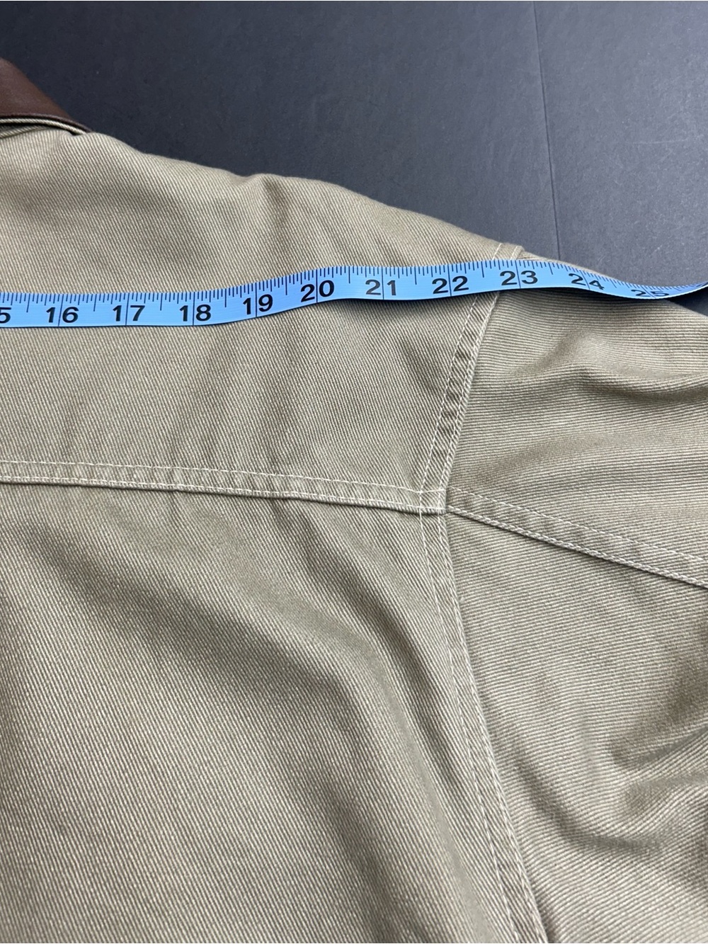 Men's Tan Workwear Jacket with Brown Leather Collar and Plaid Cotton Lining - Picture 8 of 8